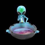 A vibrant, iridescent glass ashtray sculpted as an alien spaceship, topped with a miniature, turquoise alien figurine appearing to smoke cannabis.