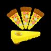 Pizza-shaped cannabis pipe and three slice-shaped attachments on a black background.
