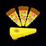 Pizza-shaped cannabis pipe and three slice-shaped attachments on a black background.