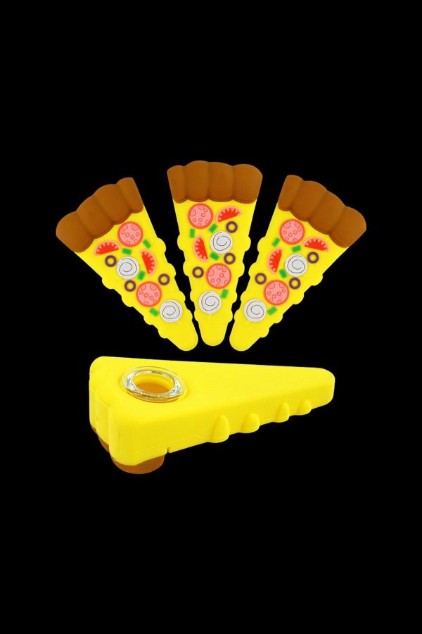 Pizza-shaped cannabis pipe and three slice-shaped attachments on a black background.
