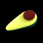 Stylized 3D rendering of an avocado with a dark red pit, suggestive of cannabis culture.