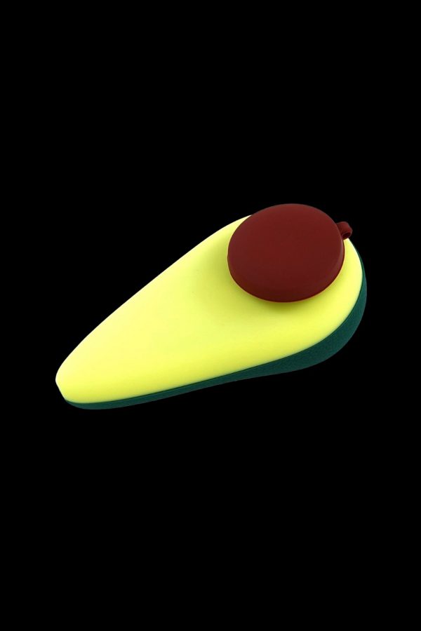 Stylized 3D rendering of an avocado with a dark red pit, suggestive of cannabis culture.