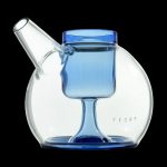 Blue glass water pipe with spherical base and removable downstem.