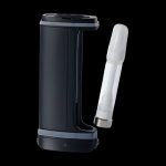 Black cannabis vaporizer pen with a clear, detached mouthpiece.