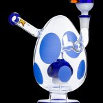 Blue and clear glass water pipe with polka dot design.