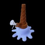 Ice cream cone-shaped glass water pipe with a blue, speckled base.