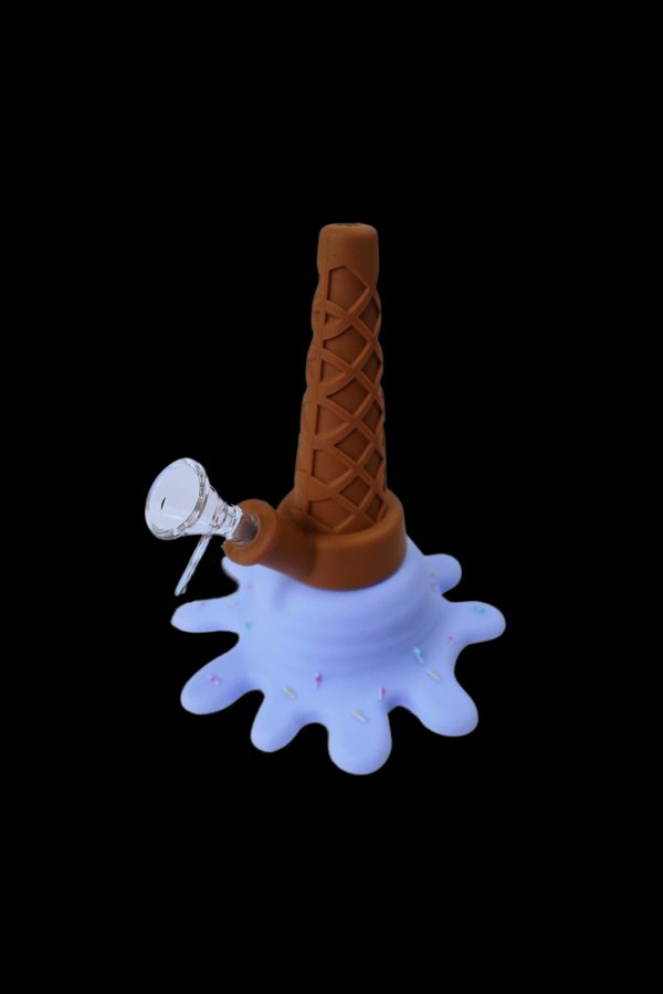 Ice cream cone-shaped glass water pipe with a blue, speckled base.