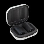 Open white and black carrying case with two cannabis vape pen cartridges inside.