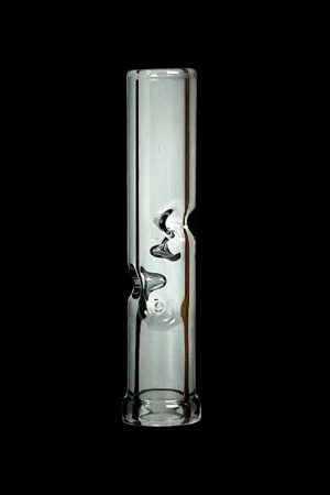 Clear glass smoking tube with bubbler design against a black background.