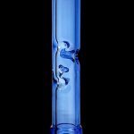 Blue glass smoking pipe with sculpted floral details, isolated on black.