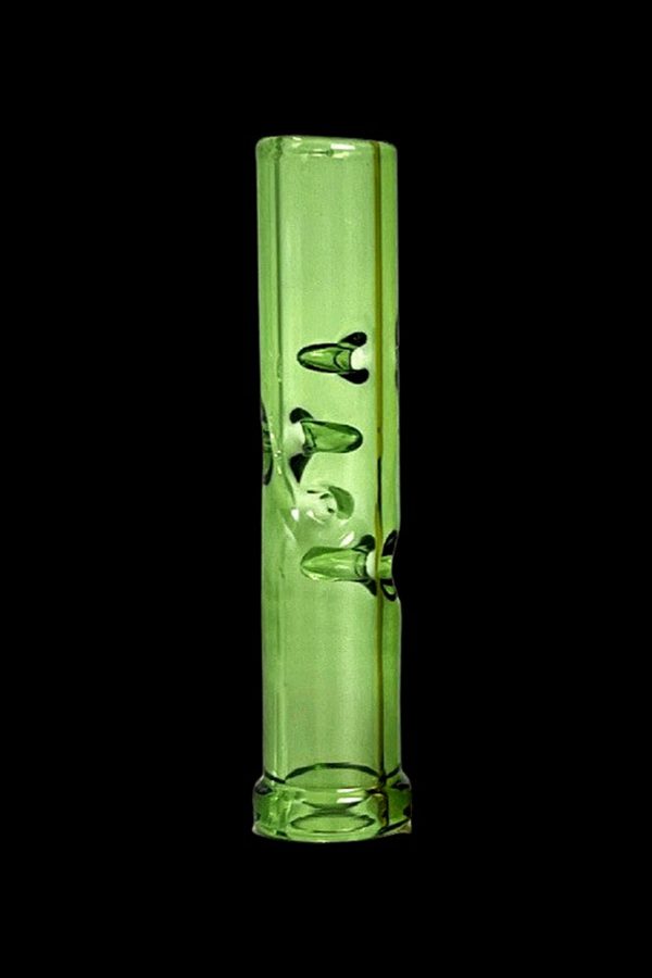 Green glass cannabis bubbler with etched logo.