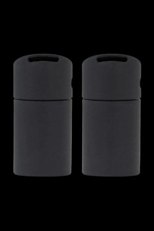 Two black silicone stash jars with airtight seals.