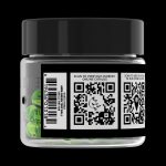 Cannabis accessory jar label with QR codes and product information.