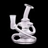 Clear glass water pipe (rig) with intricate looping design, isolated on a black background.