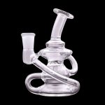 Clear glass water pipe (rig) with intricate looping design, isolated on a black background.