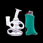 Clear glass rig and turquoise silicone lighter sleeve against a black background.