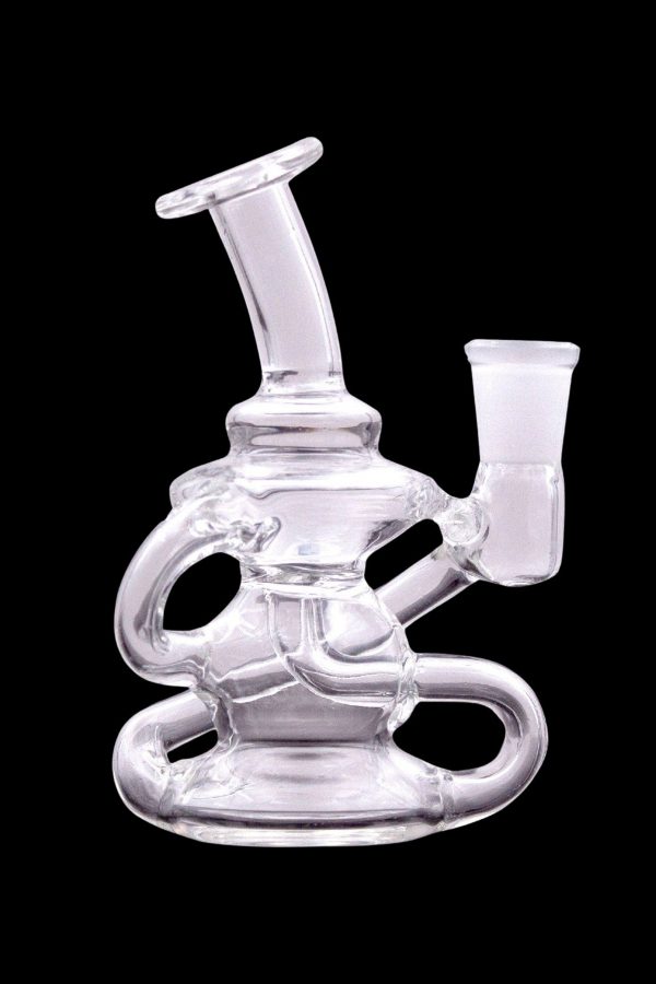 Clear glass water pipe (rig) with intricate looped design.