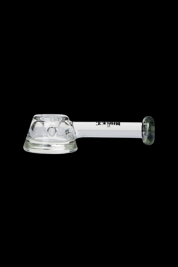 Clear glass bubbler with ice catch and mouthpiece.