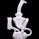 Clear glass dab rig with intricate bubbler design, isolated on a black background.