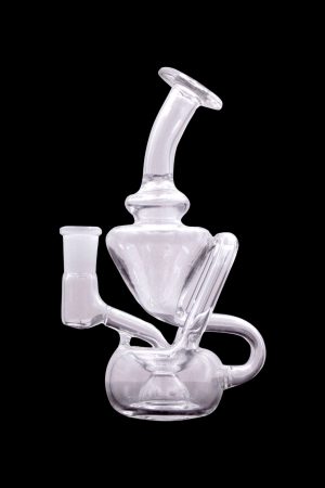 Clear glass dab rig with intricate bubbler design, isolated on a black background.