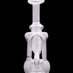 Clear glass dab rig with intricate bubble and stem design, isolated on black.