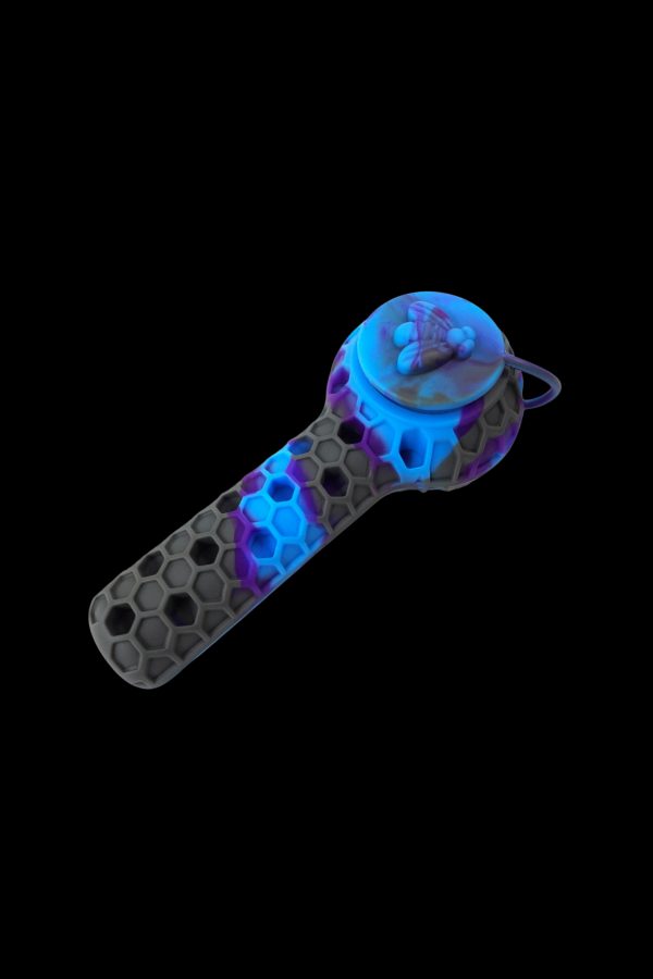 Blue and purple honeycomb patterned silicone smoking pipe with a bee design on the bowl.