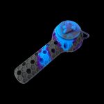 Blue and purple honeycomb patterned silicone smoking pipe with a bee design on the bowl.