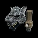 A detailed glass bong shaped like a wolf's head, featuring sharp teeth and textured fur, against a black background.