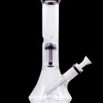 Clear glass water pipe (bong) with percolator, isolated on a black background.
