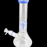 Clear glass bong with blue accents and percolator.