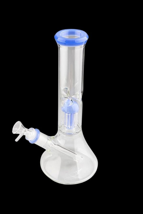 Clear glass bong with blue accents and percolator.