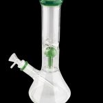 Clear glass bong with green accents and percolator.