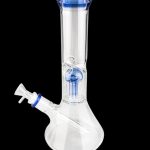 Clear glass bong with blue accents and a diffused downstem.