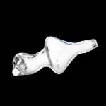 Clear glass cannabis oil burner pipe with sculpted skull design.