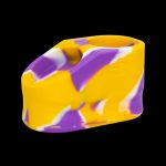 Yellow and purple silicone cannabis concentrate container.