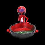 Red alien-shaped ashtray with green cannabis visible inside, isolated on a black background.