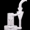 Clear glass water pipe (rig) with intricate percolator base and curved mouthpiece, isolated on black.