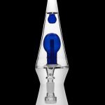 Clear glass dab rig with blue accents, studio shot.