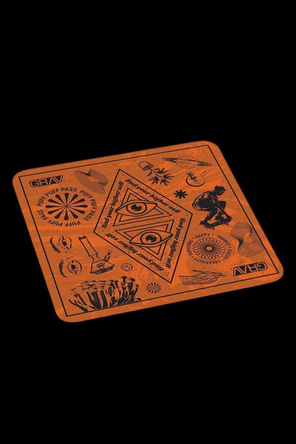 Orange playing card-style design with cannabis-themed illustrations and text including "Puff Pass" and "Find your higher self."