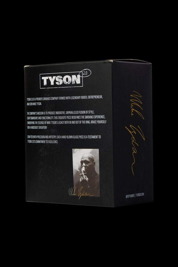 Packaging for Tyson 2.0 cannabis accessories featuring a portrait of Mike Tyson and branding details.