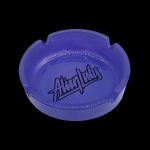 Blue glass ashtray with “Alien Labs” logo.