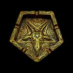 Hexagonal gold ashtray with a stylized goat skull and occult symbols, designed for cannabis use.