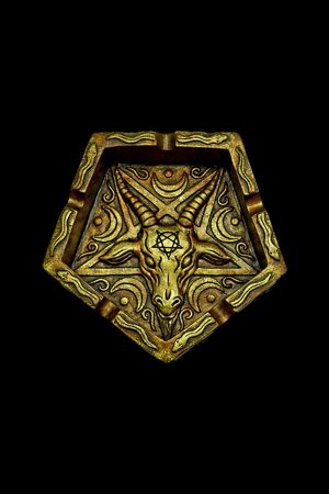 Hexagonal gold ashtray with a stylized goat skull and occult symbols, designed for cannabis use.