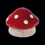 Red and white spotted mushroom-shaped cannabis storage container.