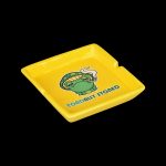 Yellow ashtray with a cartoon frog smoking a cigarette and text “TOMDANY STONED”.