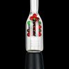 Glass bubbler water pipe with red and green accents, displayed on a black stand.