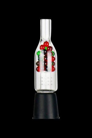 Glass bubbler water pipe with red and green accents, displayed on a black stand.