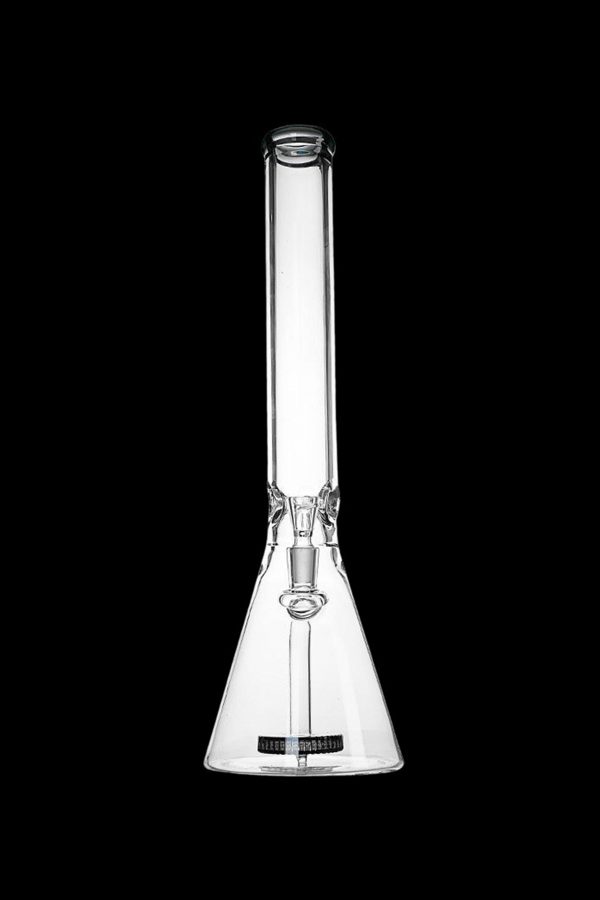 Clear glass bong against a black background.
