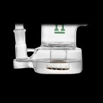 Clear glass dab rig with green logo, isolated on black.