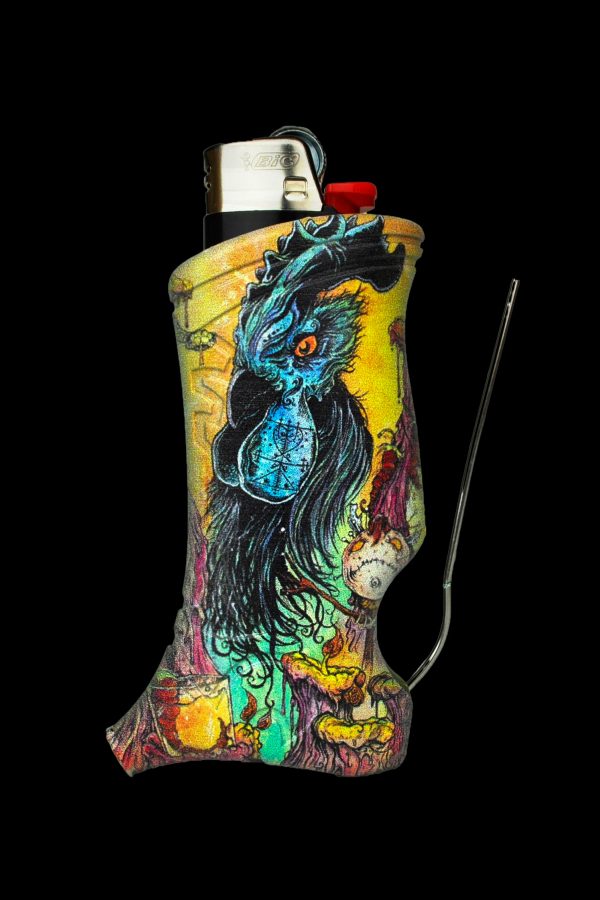 A colorful, patterned lighter sleeve depicting an ornate owl with a glass stirring rod beside it, against a black background.